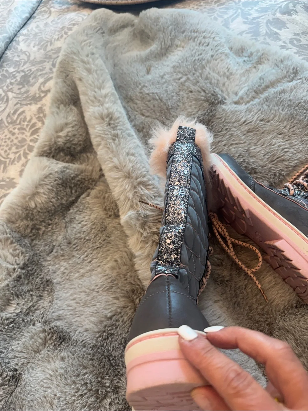 Justice Girls Quilted Gray Winter Boots with Pink Trim and Sparkles